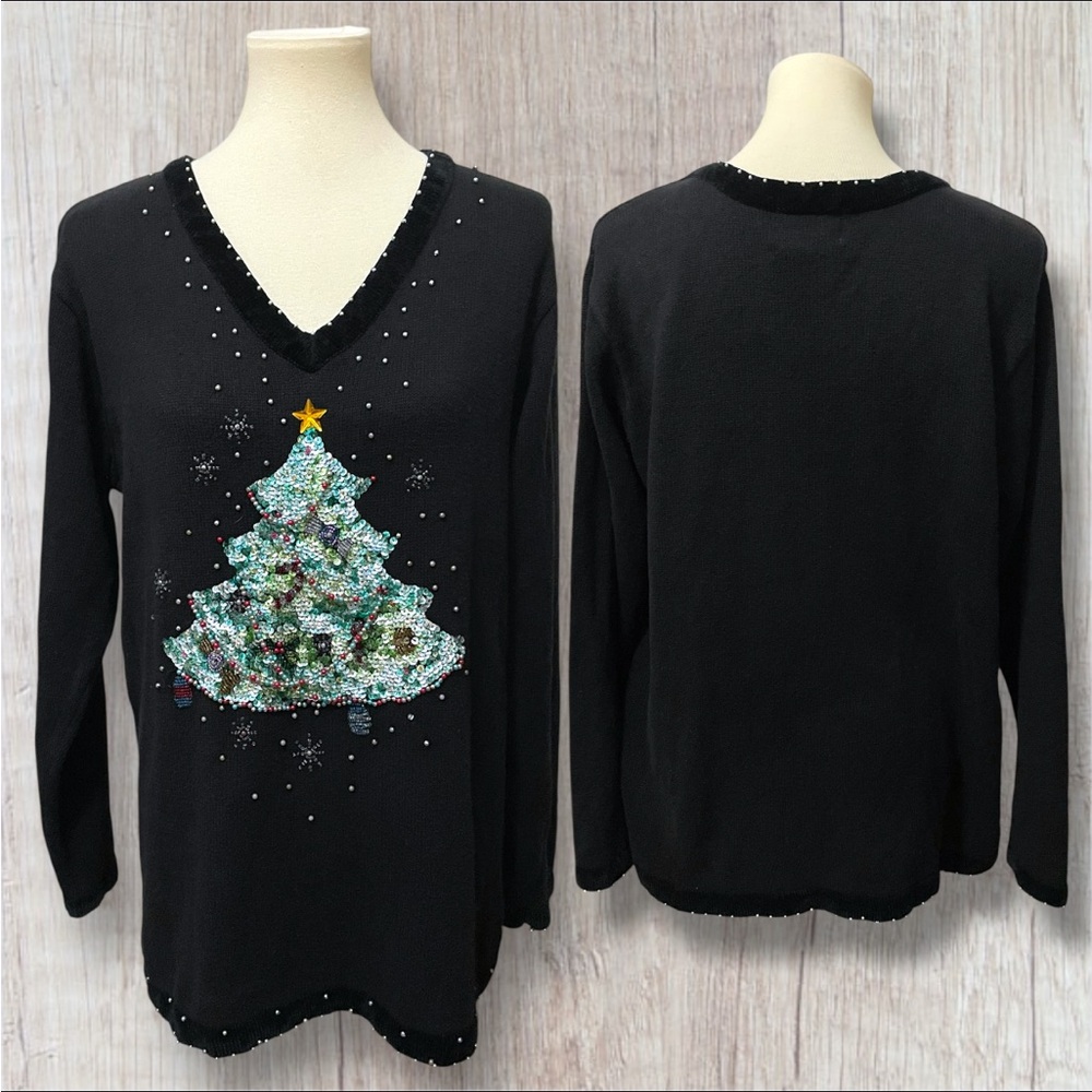 The Quacker Factory Holiday Knit Sequin Velvet Trim Faux Pearl Black Sweater LG